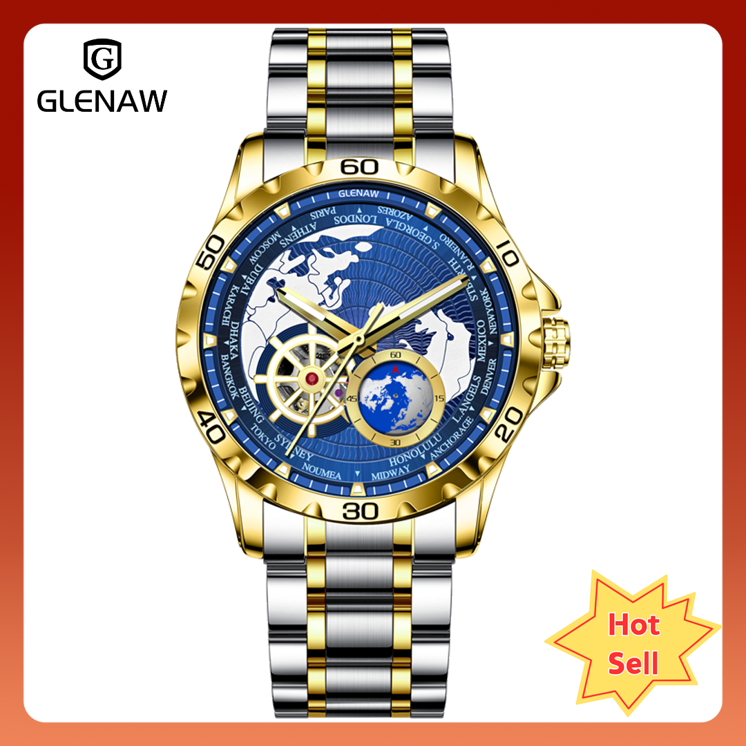 GLENAW Men's Blue Earth Rotating Mechanical Watch - Luminous