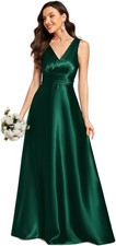 Satin V Neck Formal Wedding Guest Dress Floor Length Empire Waist Prom Dresses