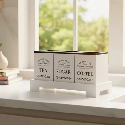 MAISON DES CADEAUX White Wooden Kitchen Retro Tea Coffee Sugar 3 Piece Canister Set with Stand