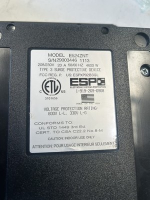Lot of 4 ESP E524ZNT Type 3 Surge Protector 208/230V 20A