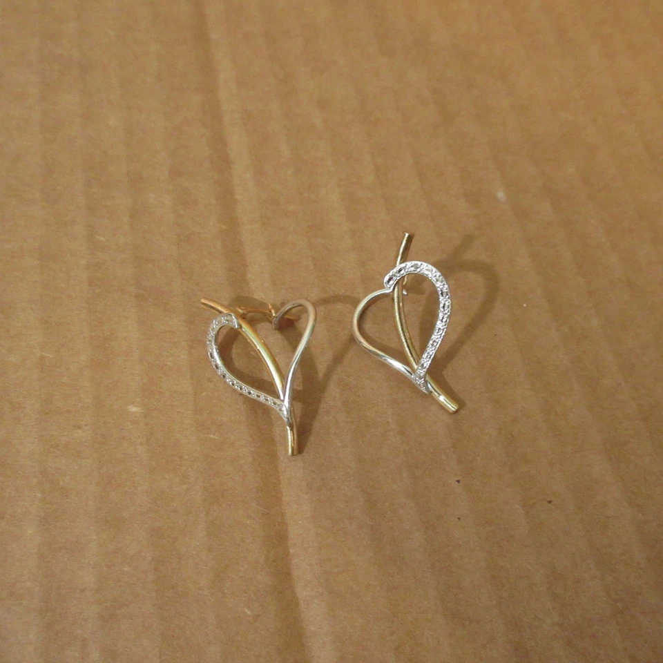 14K Israel Wht+Yel Gold Heart Open Hoop Earrings 1.25 Cut Simulated Diamond 2.9g - Image 2 of 4