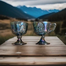 Carnival Glass Harvest Grape Footed Creamer & Sugar Set Iridescent Blue