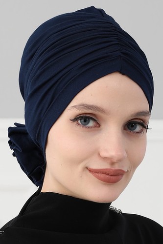 Instant Turban Cotton Scarf Head Wrap Scarfs For Women Hat Rose Detail Navy Blue - Picture 4 of 7