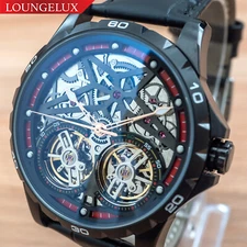 Mens Double Flywheel Open Heart Exhibition Skeleton Automatic Mechanical Watch