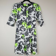 Asos 4 White/Black With Pops Of Neon Yellow Fit & Flare Dress 3/4 Sleeves