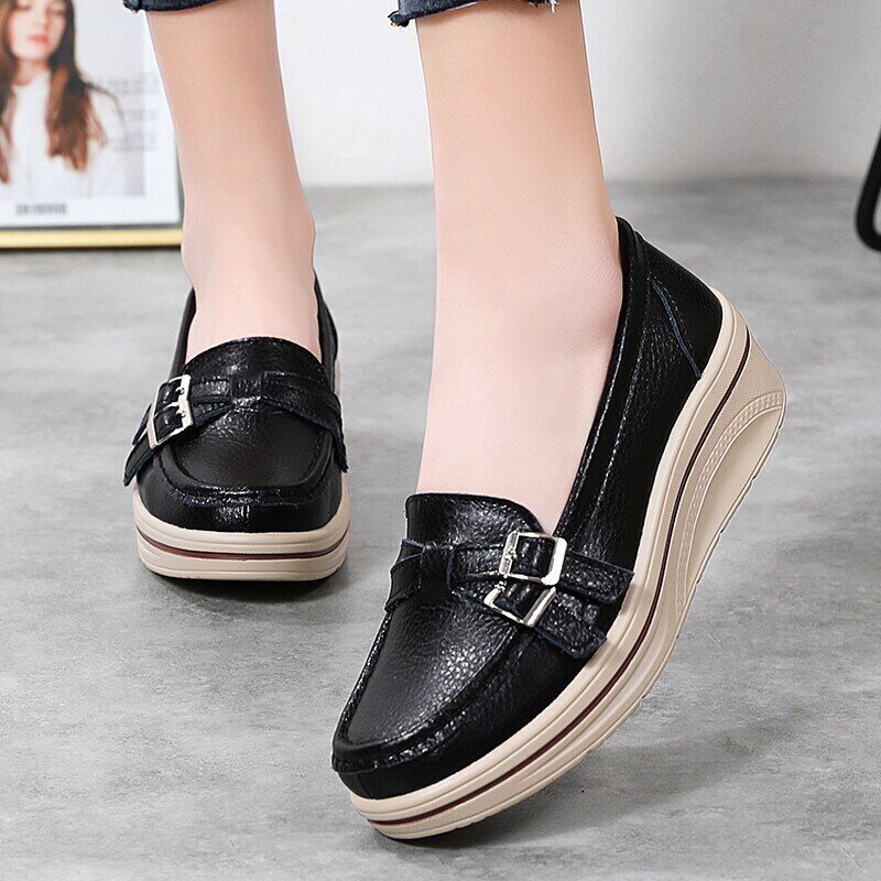 Women Flats Platform Loafers Leather Wedge Moccasins Orthopedic Slip On Shoes-image