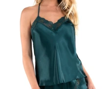 Linea Donatella Women's Lace-Trim Satin Camisole TOP ONLY- Green Size Large