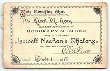 1888 LOWELL MASS LOWELL MECHANIC PHALANX HONORARY MEMBER CARD ALBERT GRAY Z6927