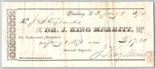 Dr. J. King Merritt Flushing, L.I. N.Y. 1874 Signed Medical Receipt