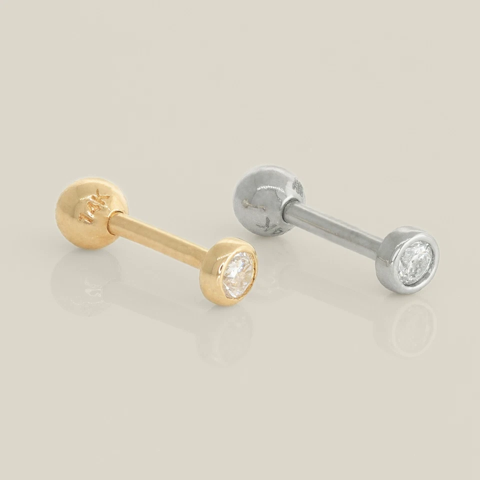 14K 正品纯金圆形 CZ 螺钉螺旋 Tragus 软骨耳环穿孔 18G — 第 2/4 张图片