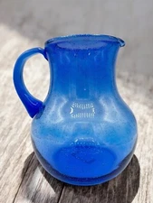 Vintage Cobalt Blue Bubble Blown Glass Water / Juice  Pitcher 8"