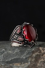 Handmade Silver Men's Ring with Garnet GemStone, Handmade Turkish Silver Ring