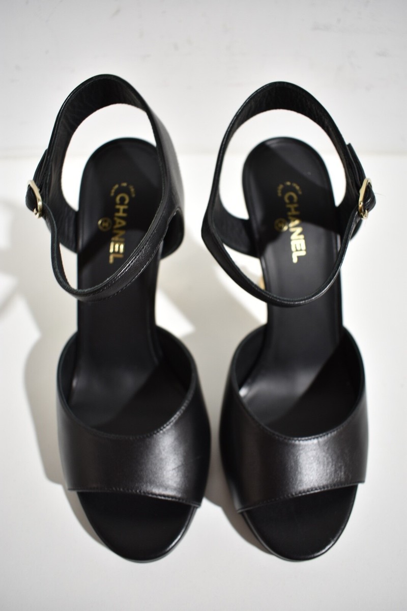 Chanel 22S Black Lambskin Leather CC Gold Heel Logo Ankle Strap