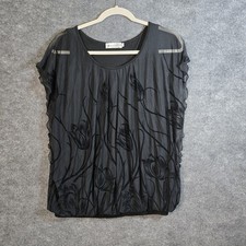Baishenggt Blouse Womens M Black Flocking Short Flared Sleeve Mesh Romantic