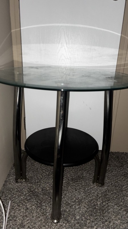 Round Clear Glass Top End & Side Table, Black Metal Legs with Lower Shelf