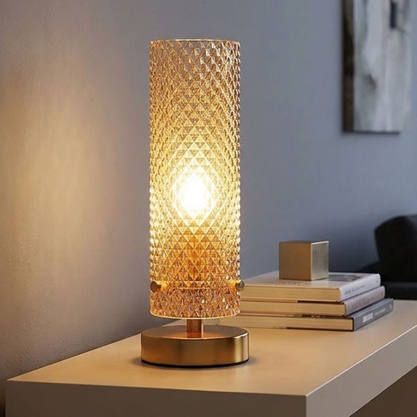 LED Tischleuchte Wohnzimmerlampe Gemustert Goldfarben Schalter Glas H 28,5 Cm-image