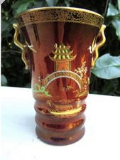HIGHLY COLLECTIBLE -VINTAGE ROUGE ROYAL TAPERED VASE WITH SCROLL GILT HANDLES