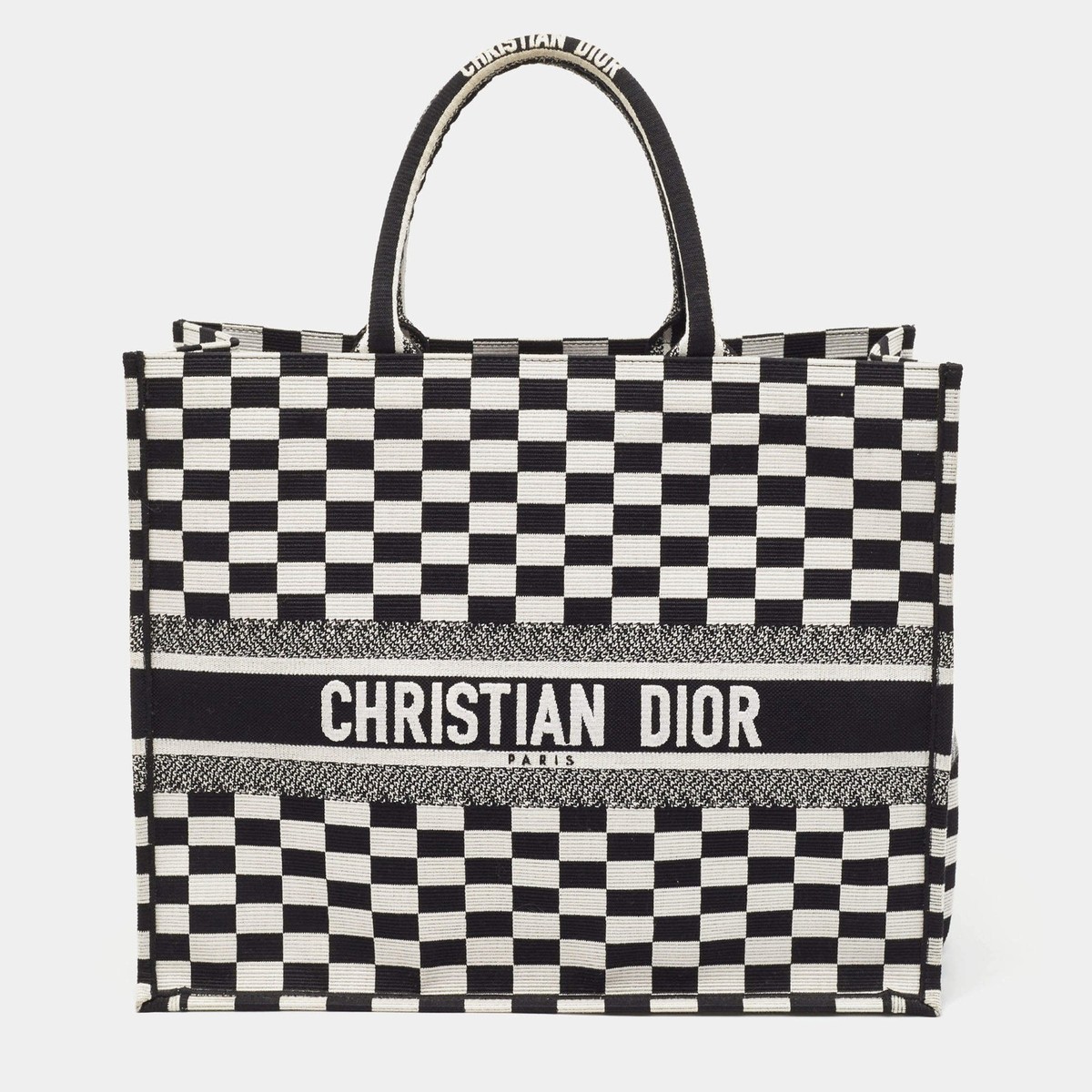Dior BlackWhite Checkered Embroidered Canvas Large Book Tote | eBay