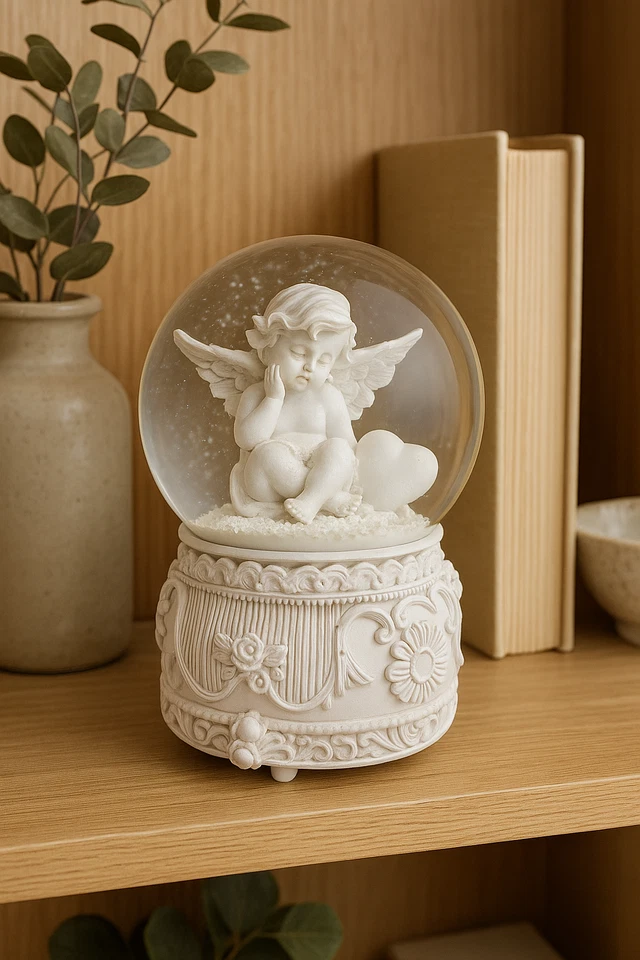 Angel Snow Globe 100mm LED Musical Dome – White Angel Figurine with Heart - Image 3 of 4