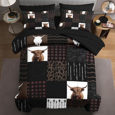 Highland Cow 7-Pc Queen Comforter Set with Pillowcases Shams, Farm Vintage