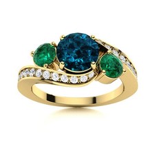 London Blue Topaz  Emerald 5MM Round 925 Silver Gold Plated Three Stone Ring
