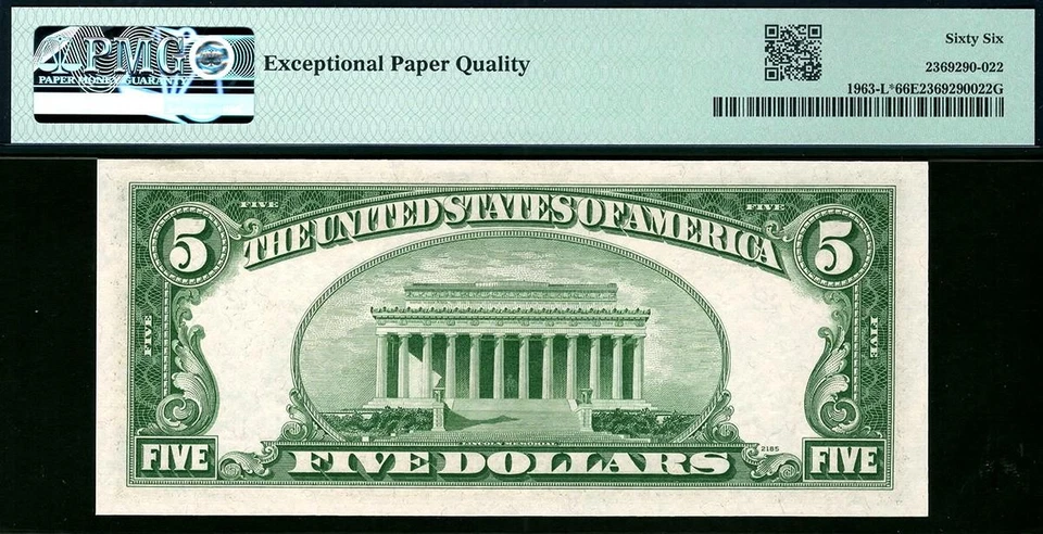 1950B* $5 San Francisco STAR Federal Reserve Note FRN • 1963-L* • PMG 66 EPQ KEY - Image 2 of 2