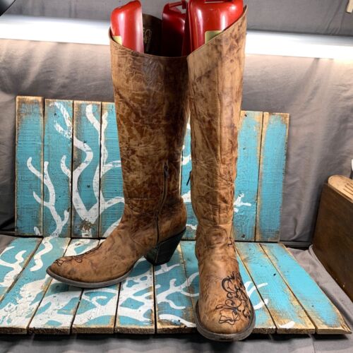 "Botas de Vaquero Old Gringo Cuero Marrón Negras Bordadas Altas Desgastadas 16"" Talla 9" - Imagen 2 de 10