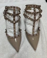 Valentino Garavani Poudre Calfskin Patent Rockstud Caged 65mm Pumps (Size 37.5)