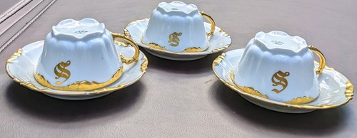 Gold on White 3 Cups & 3 Saucers Early 1900's J.P.L France "S" Monogram Mint Co - Picture 11 of 24