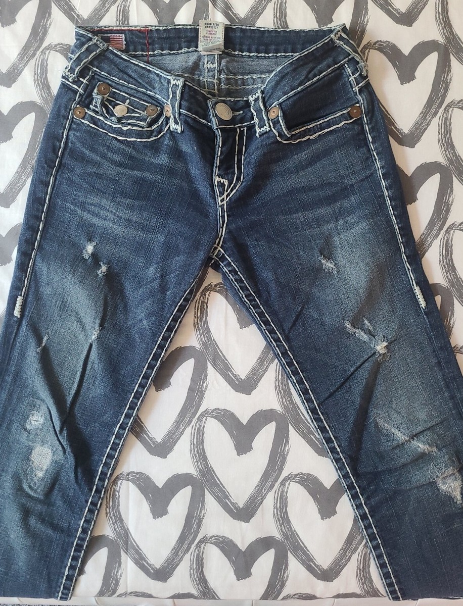 TRUE RELIGION Julie Super T Dark Wash White Thread Denim Jeans