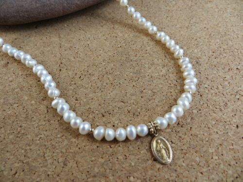 Genuine White Pearl 12k Gold Filled Tiny O Mary Pendant 16" Strand Necklace #518 - Picture 3 of 12