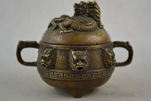 Antique folk collectable Old Bronze Incense Burner Lid w Dragon Censer Signed h8 - Picture 5 of 5