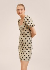 New Mango Puff Sleeves Black Tan Polka Dot Dress Size L