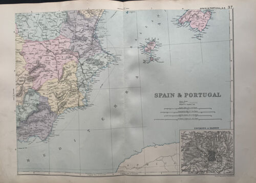 1891 South East Spain, Ibiza, Mallorca Original Antique Map by G.W. Bacon