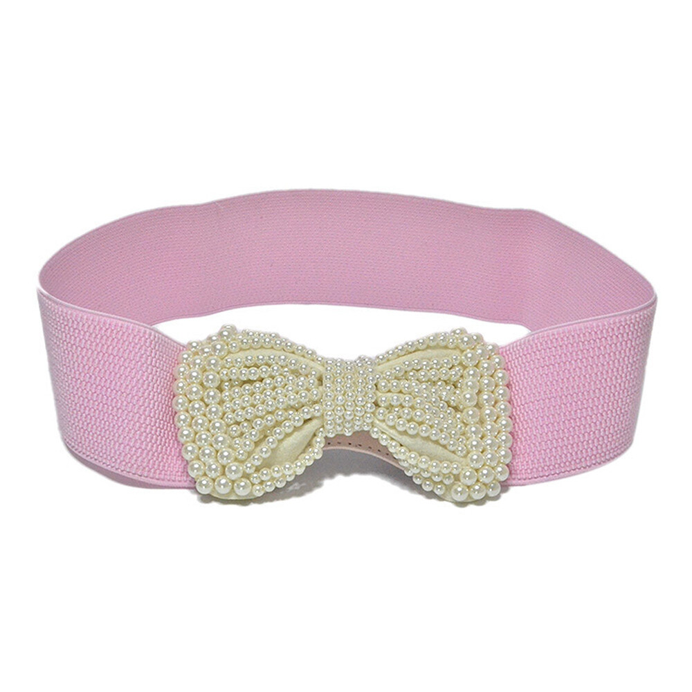 ♡♡♡Faux Pearl Large Bow Wide Stretch Dress Belt Cream Pink Party CLub Wear Booluee Women main image 4
