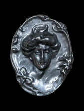 Vintage Lady Cameo Brooch Pendant Hudson Fine Pewter Silver Tone Art Nouveau Pin