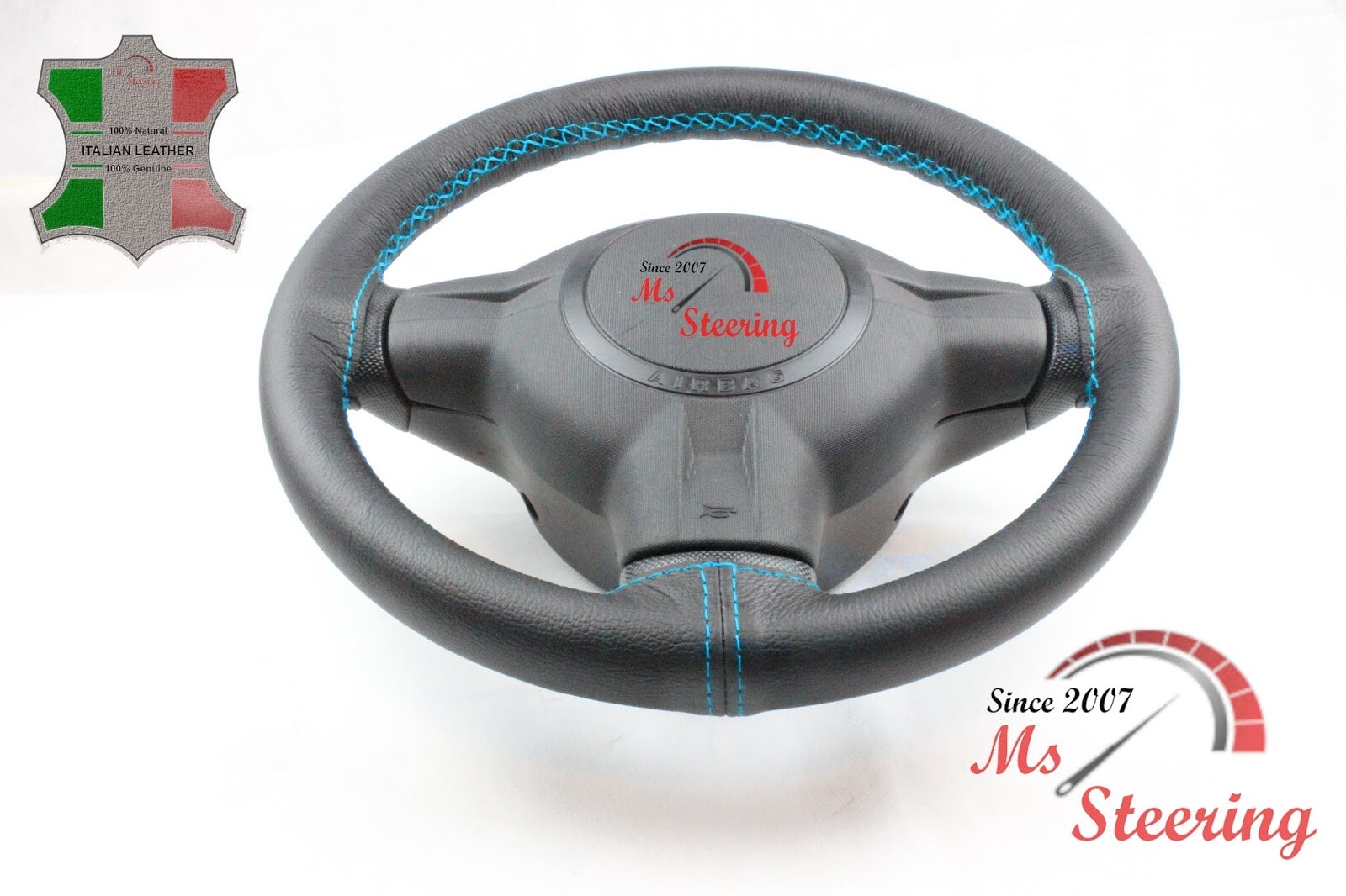 FOR OPEL VECTRA C 02-08 BLACK LEATHER STEERING WHEEL COVER LIGHT BLUE 2 STIT