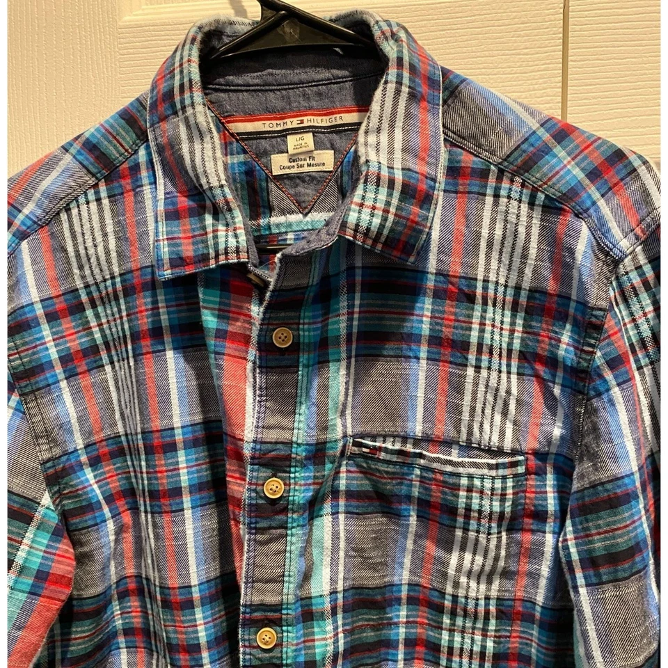 Camisa grande flanela Tommy Hilfiger, manga longa, azul água vermelho preto, algodão - Imagem 3 de 4