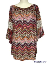 Win Win Tunic Womens L-XL Lace Boho Off On Shoulder Peasant Aztec Southwestern