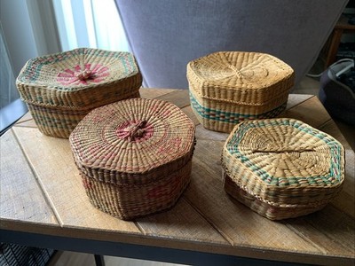 4 Vintage Woven Chinese Sweet Grass Hexagon Baskets Plus Lids