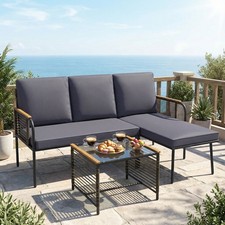 Outdoor L-Shaped Sofa Set with Cushions & Tempered Glass Side Table
