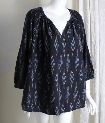 Pure J.jill Sz 2X Blue Navy IKAT Gorgeous Peasant Poet Blouse Shirt Top Soft