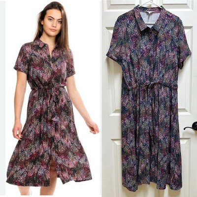 Joules Women US Sz 14 Winslet Print Midi Shirt Dress Tie Waist Pockets Navy Rain