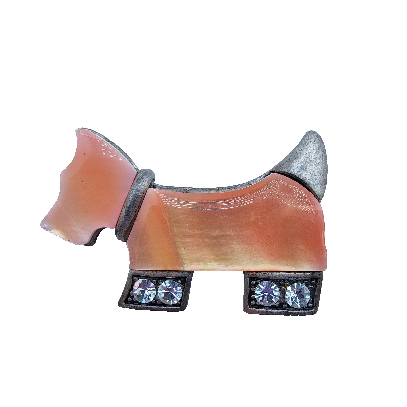 Vintage Scottish Terrier Brooch Silver Tone Rhinestone Pink Plastic Scottie Dog