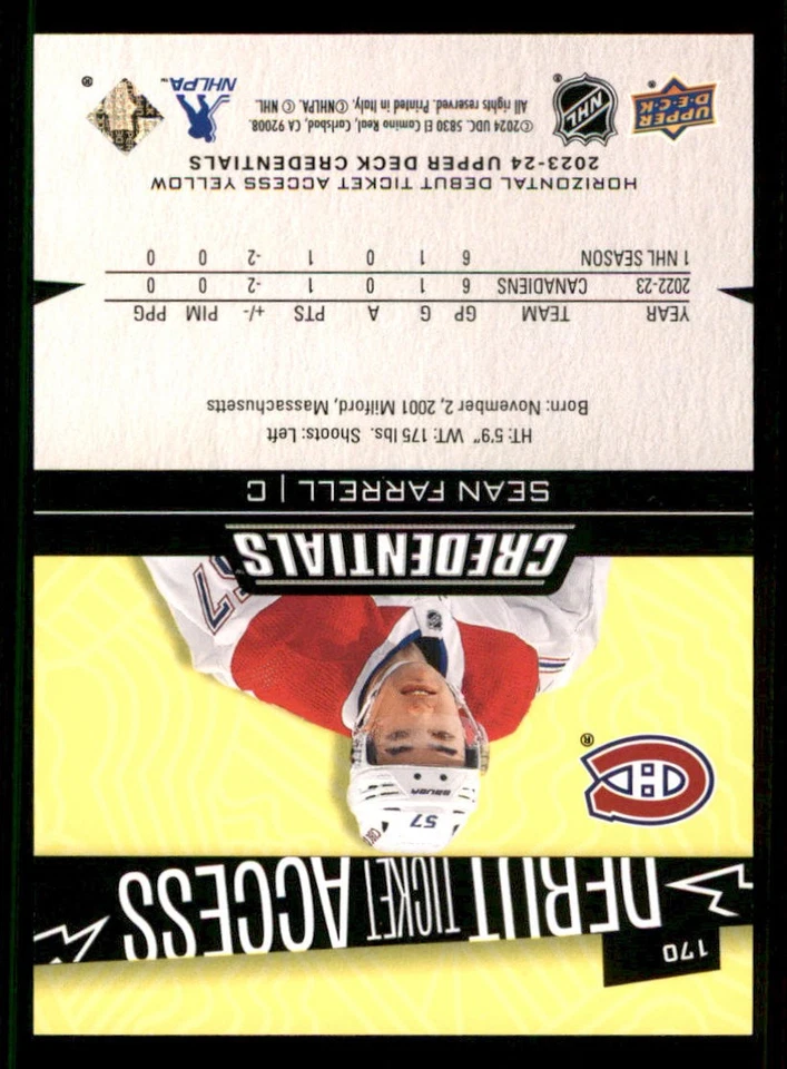 2023-24 Upper Deck Credentials Horizontal Yellow #170 Sean Farrell - Image 2 of 2