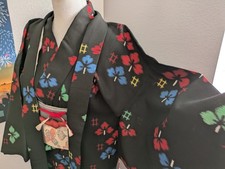 Japanese vintage wool kimono ensemble, obi belt and obi-jime set. Excellent