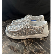 Hey Dude Wendy Sequin Cream Silver Slip-On Women's Comfort Shoes Size 7