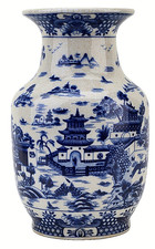 Blue,White Chinoiserie Porcelain Bouquet Vase.Hand Painted Pagoda Design-12.75"H