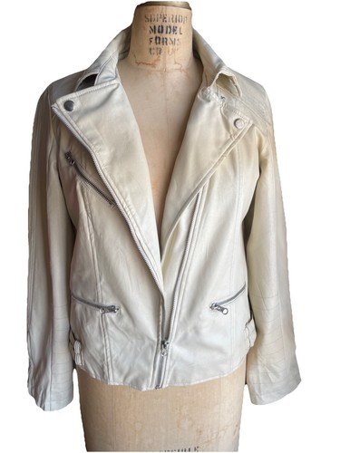Forever 21 Moto Jacket Women Sz L Ivory Faux Leather Full Zip Or Open Excel Cond - Picture 2 of 22