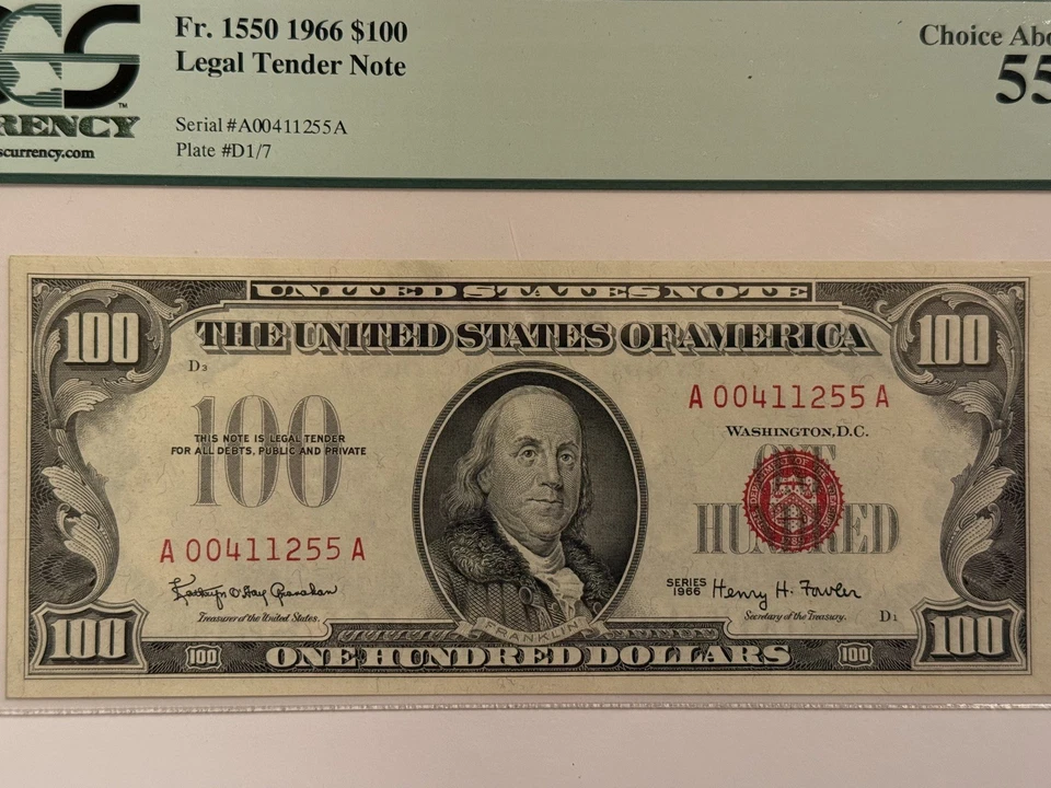 1966 $100 Legal Tender Note Fr. 1550 PCGS 55 Serial A00411255A Red Seal - Image 3 of 4